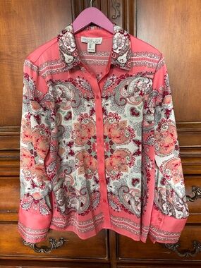 Rachel Zoe Pink Coral and Cream Paisley Button-Down Blouse